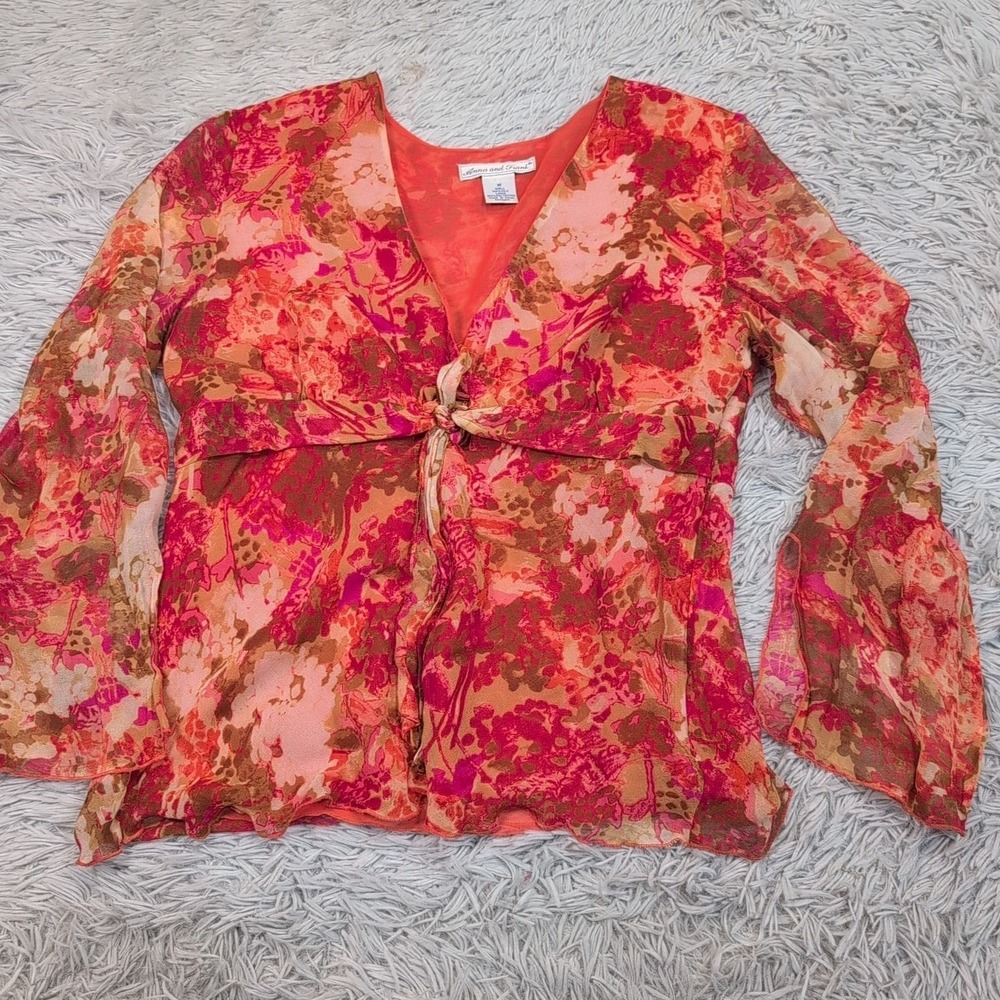 Vintage Anna And Frank Shirt Womens M Silk Blouse Top Floral Semi Sheer Preppy